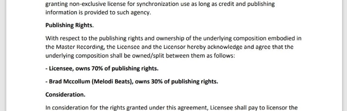 screenshot of the publishing section of an exclusive rights contract